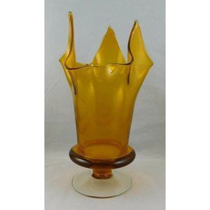 Vintage Handkerchief Amber Glass Vase On Pedestal
